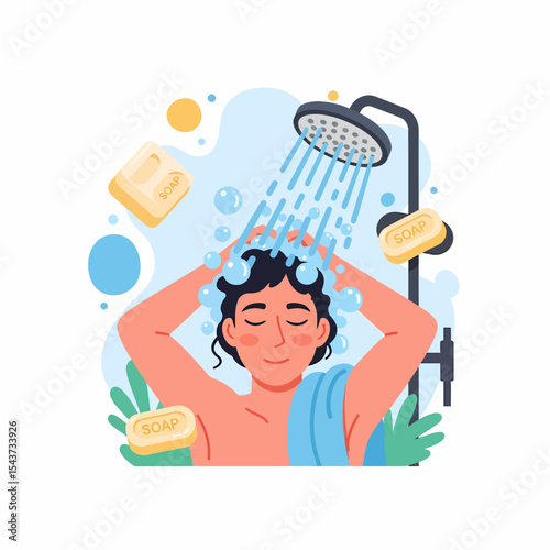 Woman Showering with Soap and Bubbles in Bathroom Illustration