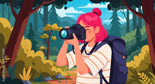 Woman Photographer Capturing Nature's Beauty in Lush Forest