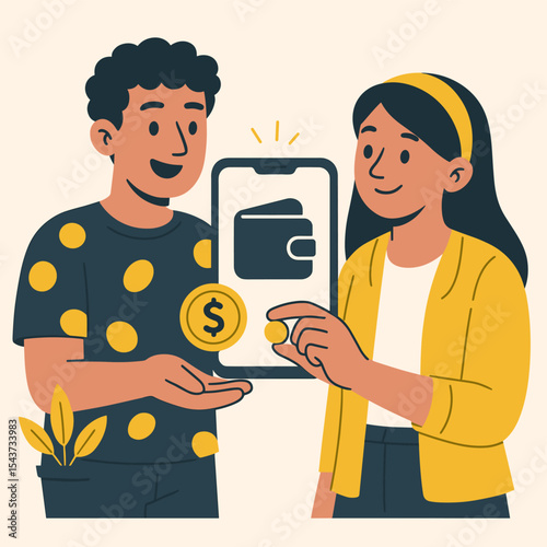 Modern flat vector illustration of a young man and woman using mobile phones to exchange money via digital wallet app.