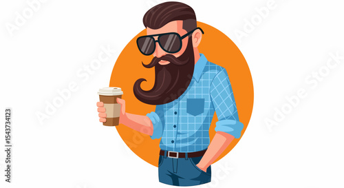 Bearded Man with Coffee Illustration in Stylish Sunglasses