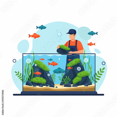 Aquarium Cleaning Man Decorating Tank with Fish and Plants