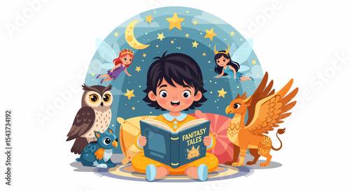 Adorable Boy Reading Fairytales Surrounded By Magical Creatures Illustration