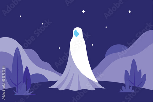 Ethereal Figure Under Starry Sky Minimalist Illustration of a Ghostly Being in a Dreamy Landscape
