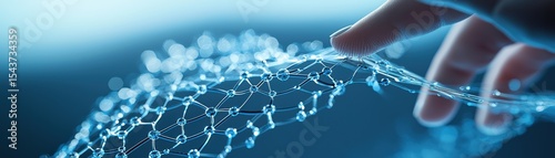 A close-up of a finger gently touching a transparent, flexible mesh structure with glowing interconnected nodes on a blue background, virtual AI hologram