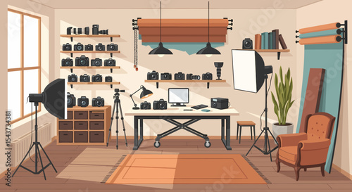 Photography Studio Interior with Equipment, Lighting, and Camera Collection