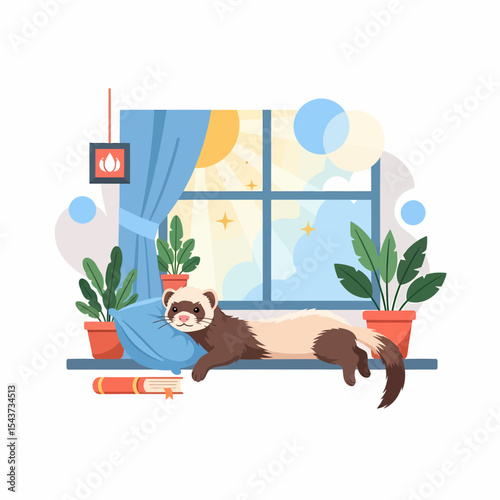 Adorable Ferret Napping on Window Sill with Potted Plants