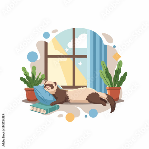 Adorable Ferret Relaxing on Pillow Near Window with Potted Plants