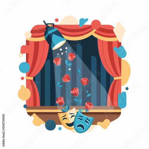 Theater Stage with Red Curtains Roses Spotlights and Masks Illustration
