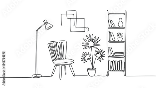Single line drawing of modern living room interior