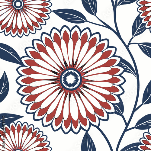 Design a mandala-style tie-dye background with radiant circular layers in intense red, blue, and white tones. Focus on a blooming central rosette and organic petal-like textures to mimic a flower in f