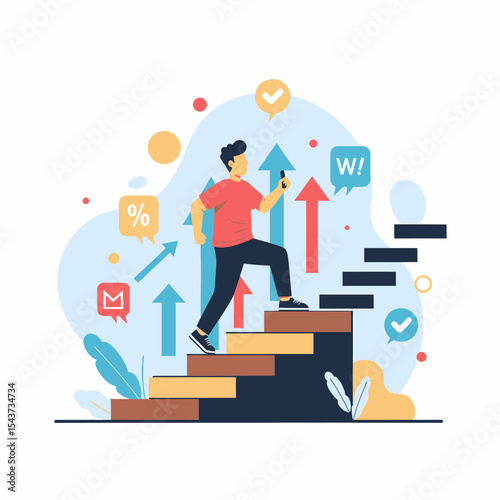Man Climbing Stairs Towards Success With Arrows and Check Marks