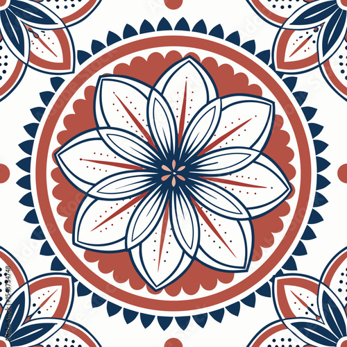 Design a mandala-style tie-dye background with radiant circular layers in intense red, blue, and white tones. Focus on a blooming central rosette and organic petal-like textures to mimic a flower in f