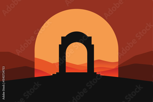Silhouette Gateway at Sunset Serene Landscape Illustration with a Sense of Journey