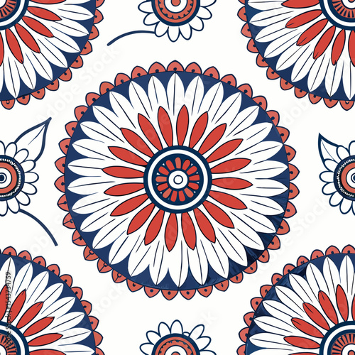 Design a mandala-style tie-dye background with radiant circular layers in intense red, blue, and white tones. Focus on a blooming central rosette and organic petal-like textures to mimic a flower in f