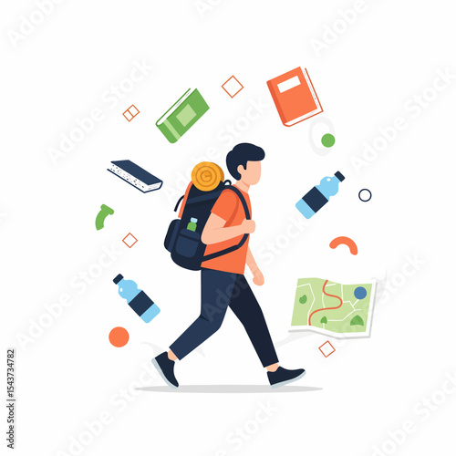 Man hiking with backpack, travel, adventure, outdoor activities, vector illustration