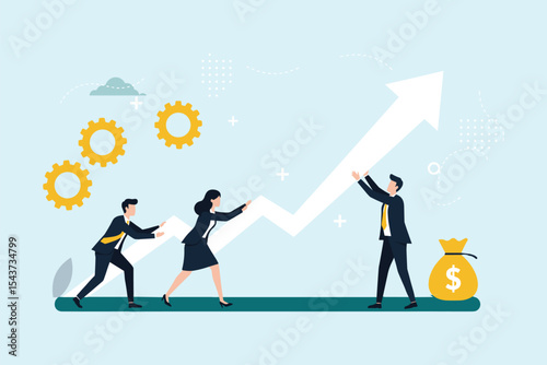 Business team collaborating to push growth upwards, driving financial success, and implementing effective ideas for high performance and increased profitability. flat vector illustration