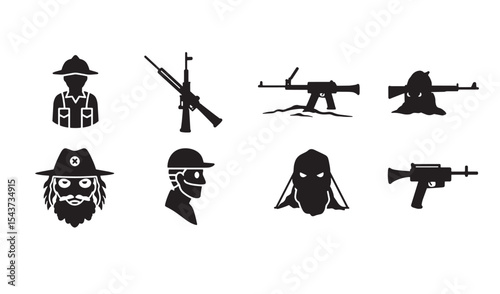 Collection of silhouetted soldiers and weaponry in a minimalist black and white illustration