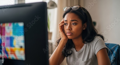 young african american woman looking at computer screen with an expression of concentration and slight frustration at home office. concept of remote work, digital fatigue. national eye exam month