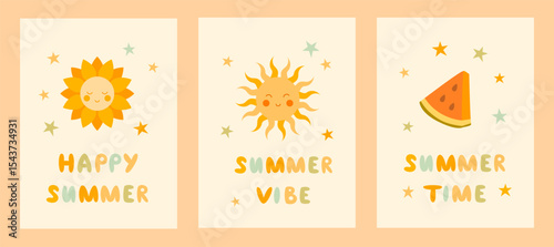 Set of three bright summer-themed cards featuring a smiling sun, watermelon slice, and colorful lettering. Perfect for children's greeting cards, summer party invites, prints, or digital projects.