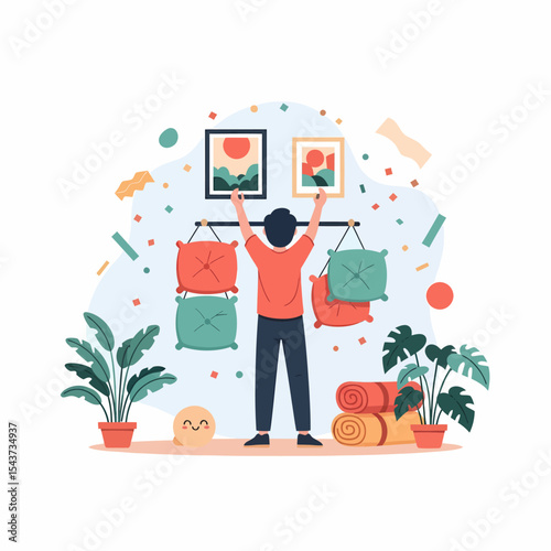 Creative Interior Decorator Arranging Pictures and Pillows Flat Vector