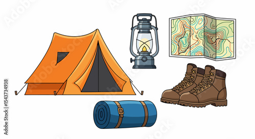 Camping Essentials Illustration Tent Lantern Map Boots and Sleeping Bag