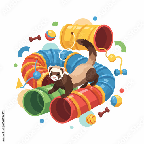 Playful Ferret Climbing Through Colorful Tunnel Toy Illustration