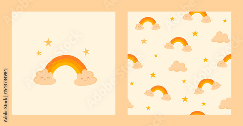 Seamless boho pattern with a cute, kawaii rainbow with clouds and stars in beige and yellow. Ideal for prints for children's clothing, pyjamas, wrapping, invitations, cards, newborn textiles, nursery