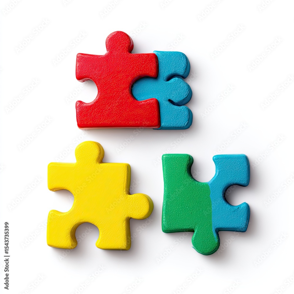 Obraz premium Colorful puzzle pieces forming a connection. Three vibrant wooden puzzle pieces, red, blue, yellow, and green, arranged in a close-knit configuration against a plain white background