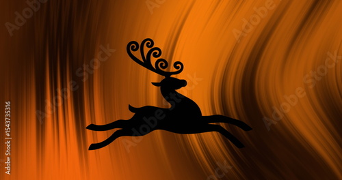Leaping silhouette deer soaring across swirling orange and brown graphic, with curled antlers