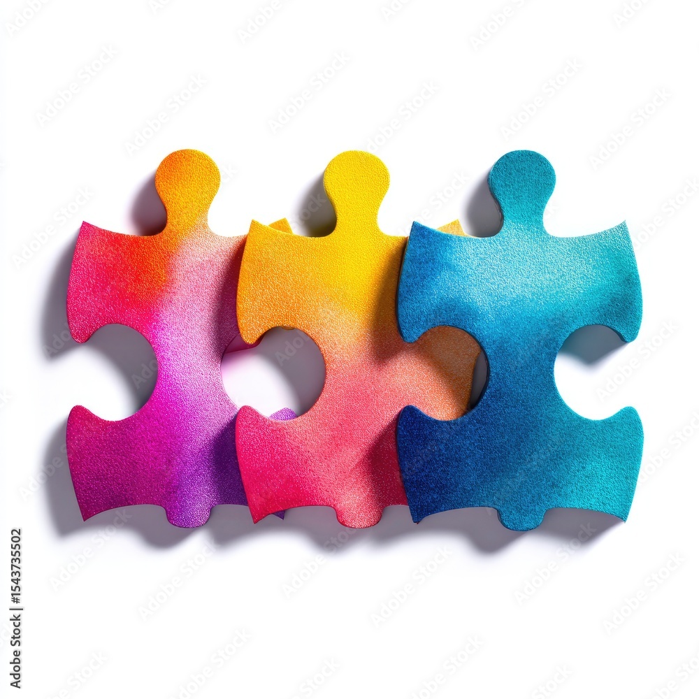 Fototapeta premium Colorful puzzle pieces, three in a row, vibrant colors, forming a connection, suggesting unity, collaboration, and problem-solving