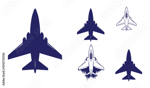 Collection of stylized aviation jet airplane aircraft silhouettes in multiple different views on white background