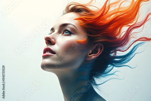 A woman’s face morphing into a cascade of fluid brushstrokes in midair.
