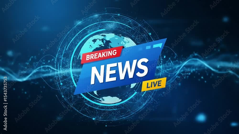 Breaking news live graphic overlay on a blue digital technology background