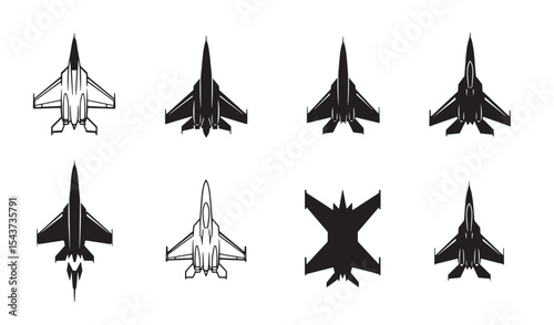 Collection of vector silhouettes representing military fighter jets in different angles and styles
