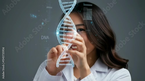 Woman doctor interacting with holographic DNA strand. Scientific research and genetic engineering concept. Biotechnology for medical data footage.