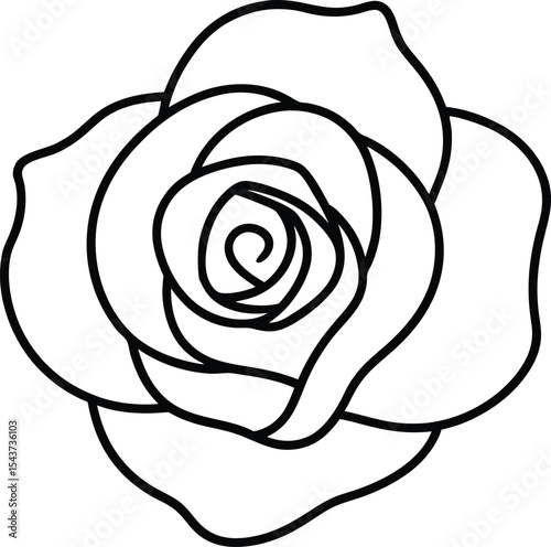 Single rose flower head black line drawing vector illustration