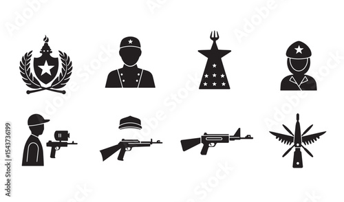 Military and armed forces icon set featuring uniforms and weaponry in minimalist design