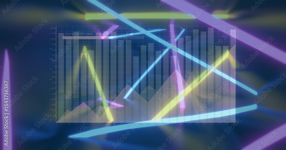 Naklejka premium Floating holographic data panel displaying bar and line charts on virtual stage, with neon beams