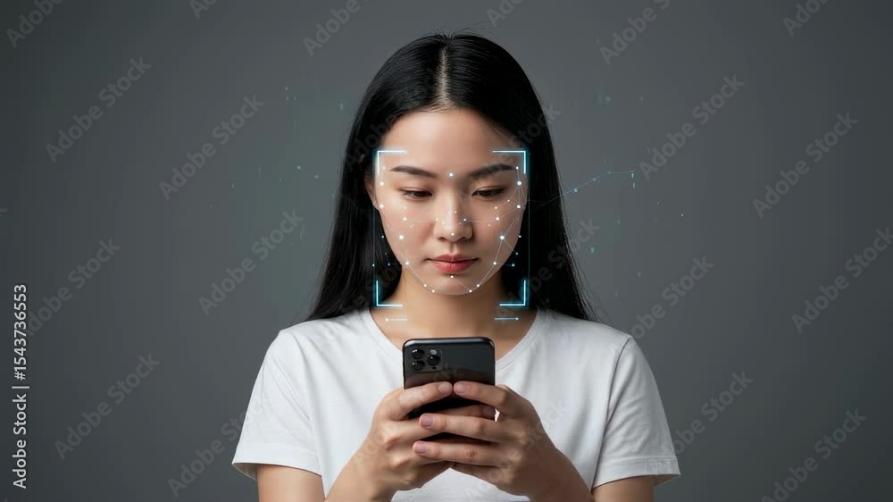 Young asian woman using mobile phone with face recognition software. Biometric identification system for digital security. Future technology footage. Young asian woman using mobile phone with face recognition software. Biometric identification system for digital security. Future technology footage.