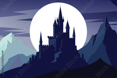 Vector Illustration Dramatic Castle Silhouette with a Full Moon, Amidst Mountain Peaks at Dusk.