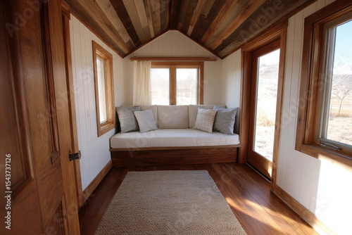 Cozy tiny house interior with wooden accents and soft lighting