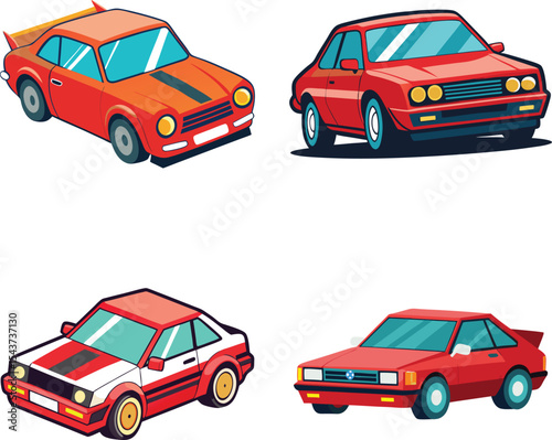 Four stylized, cartoon-like representations of vintage red sports cars, set against a plain white background.