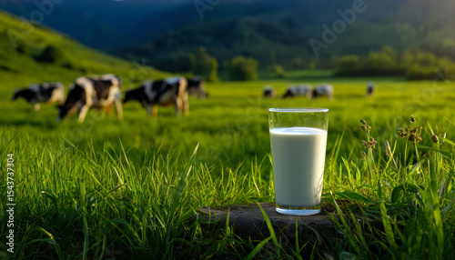 A serene countryside scene featuring a glass of fresh milk resting on a stone, with grazing cows and lush green fields in the background, highlighting nature's bounty.