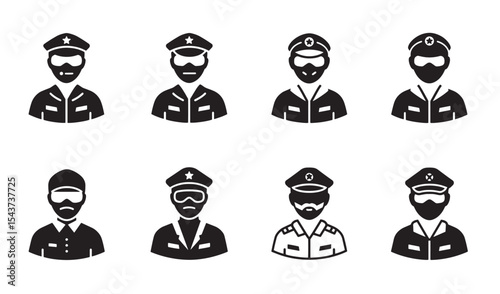Set of eight stylized icon illustrations depicting various facets of police officer professionals