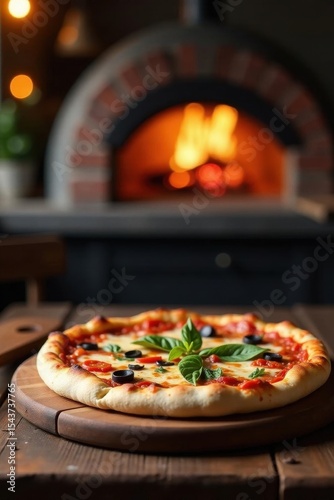 Rustic wooden table, blurred pizza oven background, restaurant, food