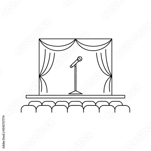 Simple line drawing of stage with microphone and seats