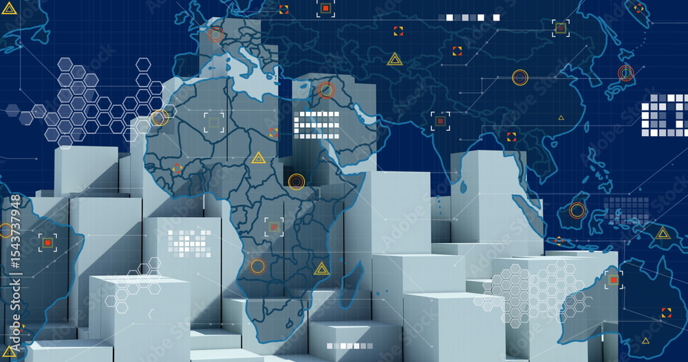 Obraz premium Stacking light gray cuboid blocks on dark blue grid, with world map and network icons