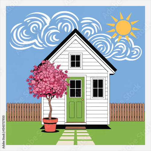 Small cottage with picket fence and springtime flowers  with sunny sky and clouds

