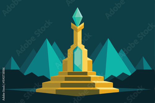 Abstract Gemstone Monument Illustration against Blue Mountains, Featuring Geometric Precision and Minimalist Design for Digital Media