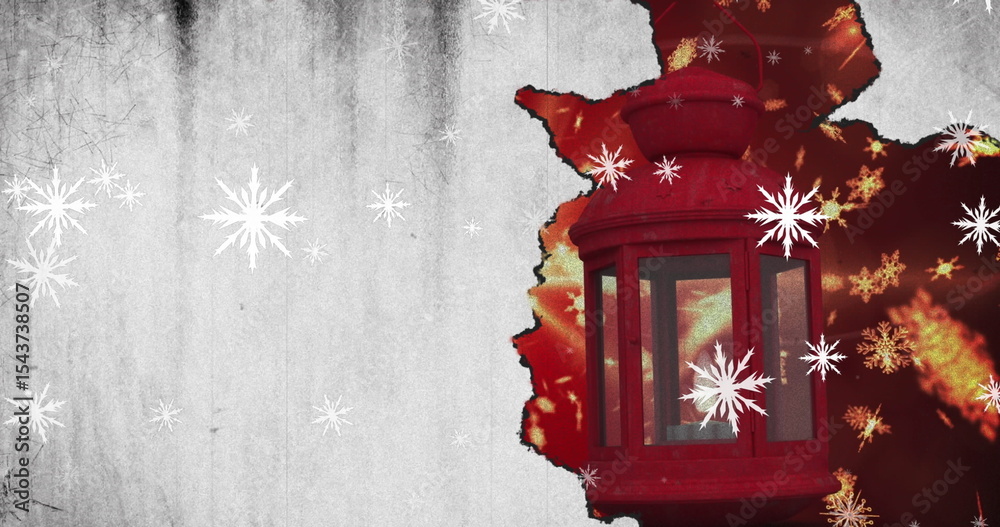 Fototapeta premium Displaying traditional red lantern emerging through torn-edge with snowflake symbols, copy space